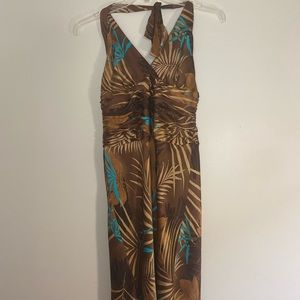 Brown Silk Halter Dress w/ Beautiful Teal Design